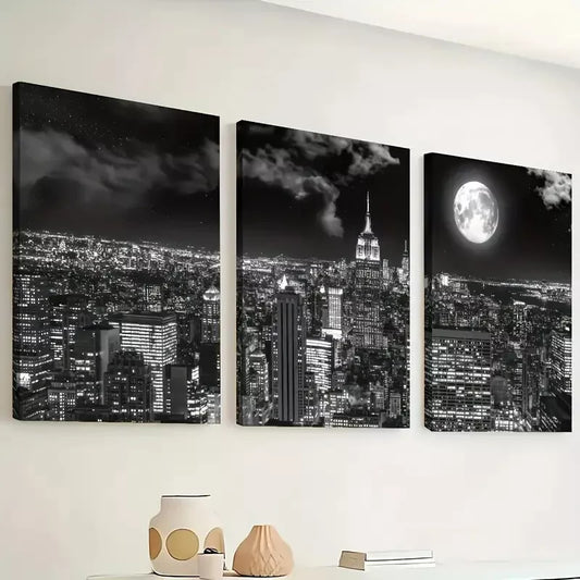 3pcs  Black And White Night City Architecture Wall Art Set Canvas Framed 40x60cm - High Quality Print 100% Australian Made Wall Canvas Ready to Hang
