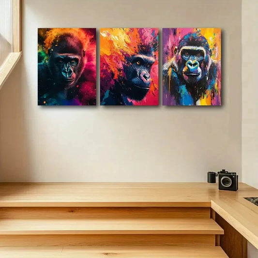 3pcs Colorful Abstract Gorilla Paintings Metal Print Ready to Hang Art