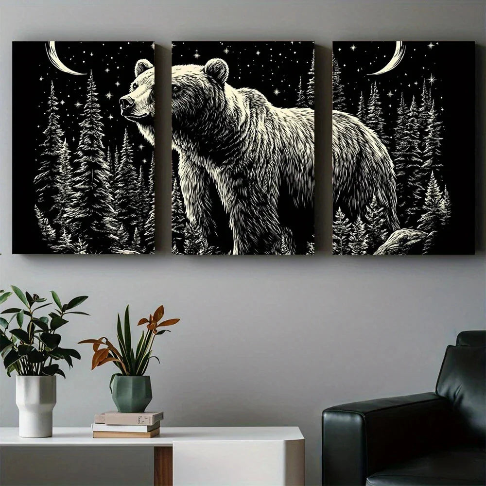 3pcs Bear Moon Starry Sky Forest Night Metal Print Ready to Hang Art