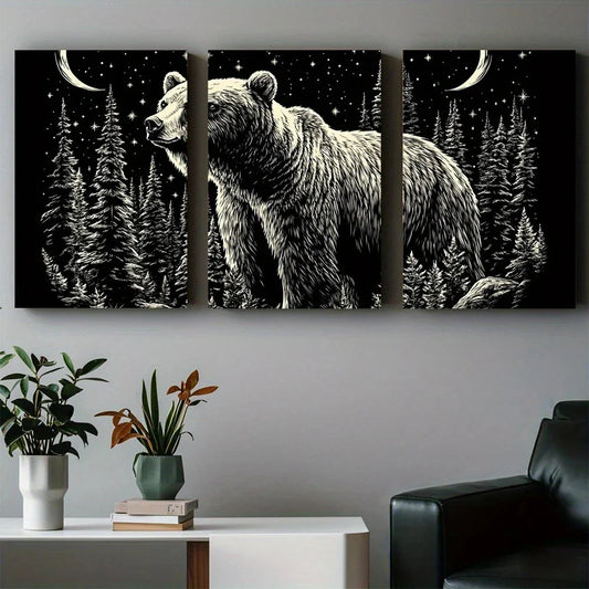 3pcs Bear Moon Starry Sky Forest Night Metal Print Ready to Hang Art