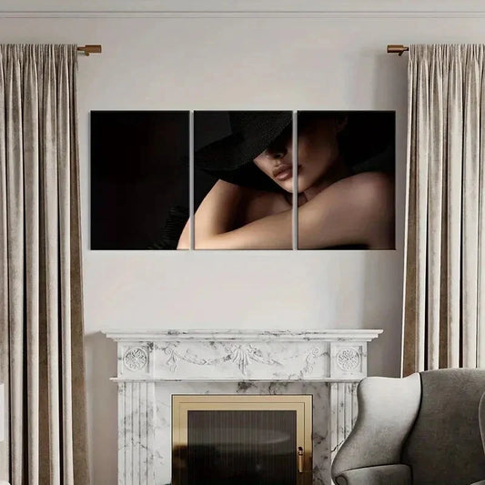 3pcs Elegant Woman, Black Hat, Mysterious Metal Print Ready to Hang Art