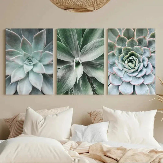 3pcs Vibrant Green & Blue Aloe Vera & Echeveria Metal Print Ready to Hang Art