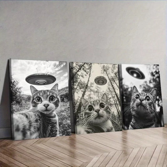 3pcs  Cat Capturing A Selfie With A UFO   Wall Art Set Canvas Framed 40x60cm - High Quality Print 100% Australian Made Wall Canvas Ready to Hang