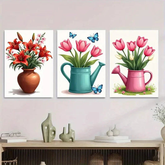 3pcs Red Lilies, Pink Tulips Blue Butterflies Metal Print Ready to Hang Art