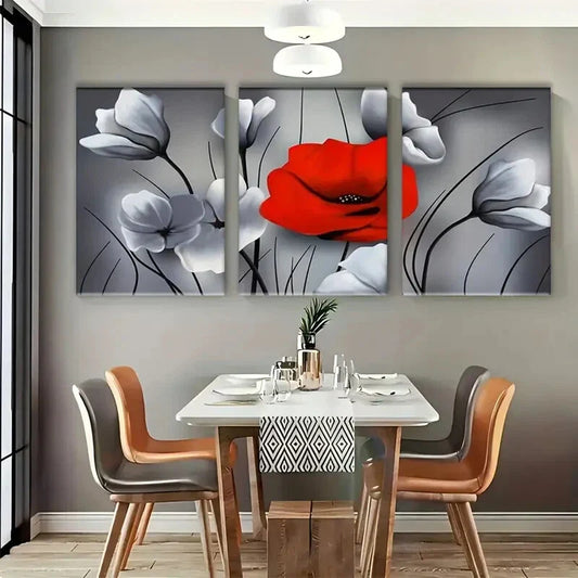 3pcs Red &amp; White Black Lines Flowers Metal Print Ready to Hang Art