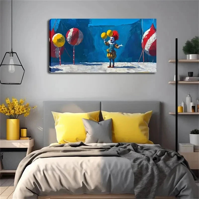 Clown with Yellow Balls on Blue Wall Art Canvas Office Home Room Framed 120x60cm