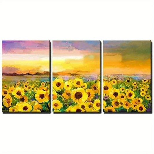 3pcs Oil Painting Yellow-Golden Sunflower Sunset Metal Print Ready to Hang Art