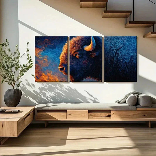 3pcs Abstract Bison Art Vibrant Colors Metal Print Ready to Hang Art