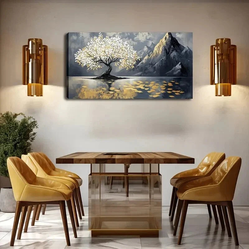 Golden Tree Mountain Landscape Wall Art Canvas Office Home Room Framed 120x60cm