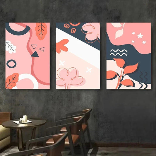 3pcs Pink Orange Modern Geometric Shapes Metal Print Ready to Hang Art
