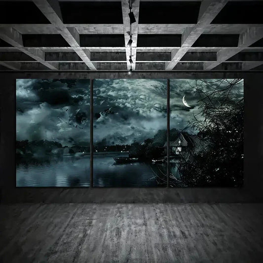 3pcs Dark Night Moonlight Water Reflection Metal Print Ready to Hang Art