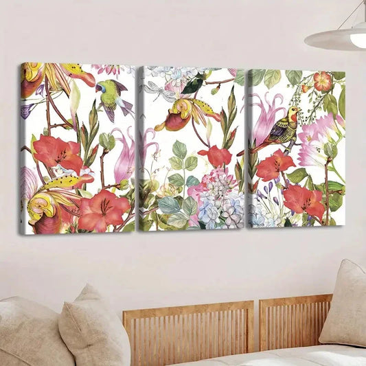 3pcs Vibrant Floral & Birds Red Flowers Parrots Wall Art Set Canvas Framed 40x60cm - High Quality Print 100% Australian Made Wall Canvas Ready to Hang