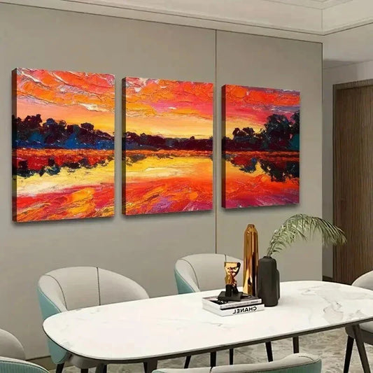 3pcs Colorful Sunset with Lake Reflection Wall Art Set Canvas Framed 40x60cm - High Quality Print 100% Australian Made Wall Canvas Ready to Hang