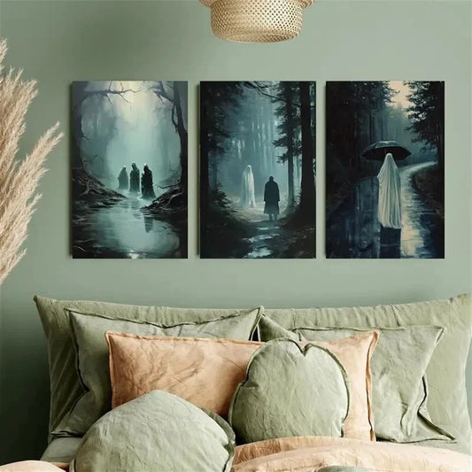 3pcs Ghost on the Forest Path Metal Print Ready to Hang Art