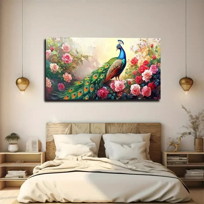 Peacock in Blooming Roses Wall Art Canvas Office Home Room Framed 120x60cm