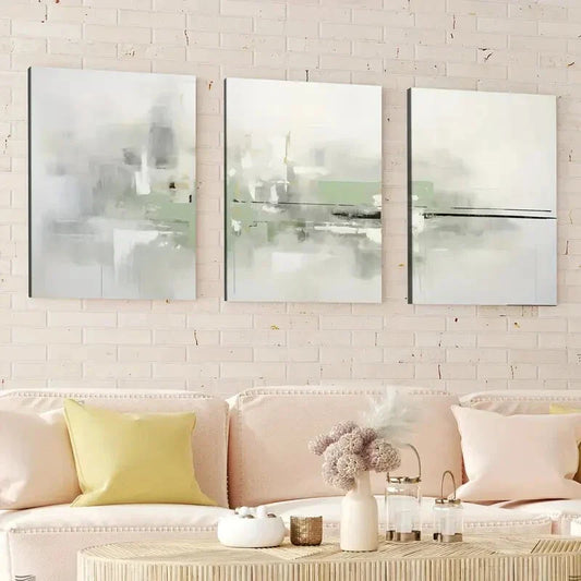 3pcs Abstract Geometric Green and Gray White Wall Art Set Canvas Framed 40x60cm - High Quality Print 100% Australian Made Wall Canvas Ready to Hang