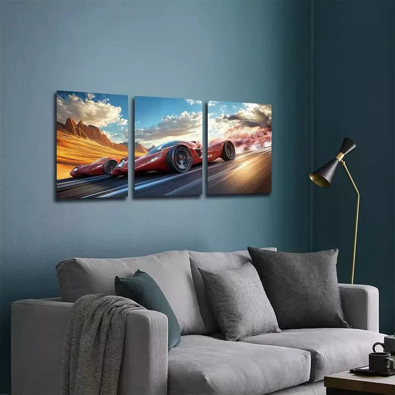 3pcs Minimalist Red Sports Car, Wall Art Set Canvas Framed 40x60cm - High Quality Print 100% Australian Made Wall Canvas Ready to Hang