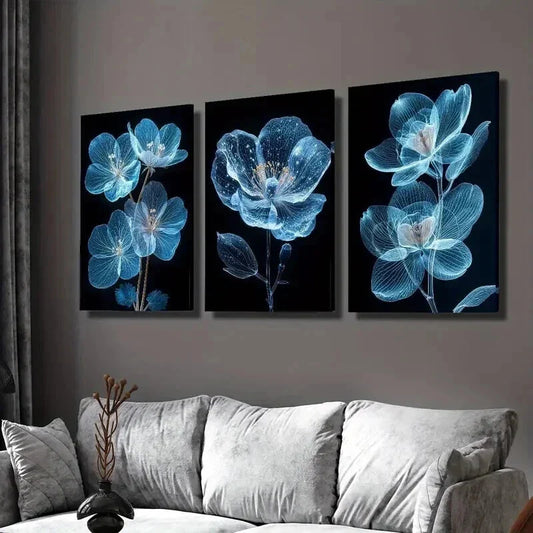 3pcs Bright Blue Flower on Dark Background Wall Art Set Canvas Framed 40x60cm - High Quality Print 100% Australian Made Wall Canvas Ready to Hang