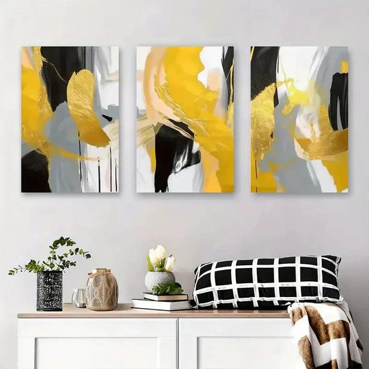3pcs Abstract Golden and Black Abstract Art Gold Metal Print Ready to Hang Art