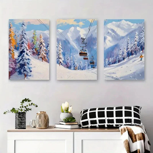 3pcs Winter Ski Resort Landscape, Scenic Snowy Metal Print Ready to Hang Art