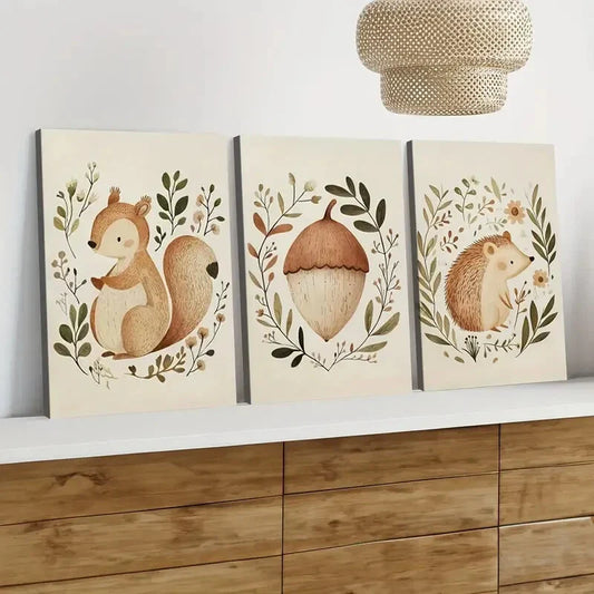 3pcs Squirrel Hedgehog Acorn Green Leaves Tail Wall Art Set Canvas Framed 40x60cm - High Quality Print 100% Australian Made Wall Canvas Ready to Hang