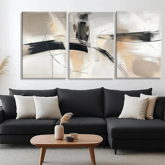 3pcs Black & Beige Brushstroke Design Perfect Wall Art Set Canvas Framed 40x60cm - High Quality Print 100% Australian Made Wall Canvas Ready to Hang