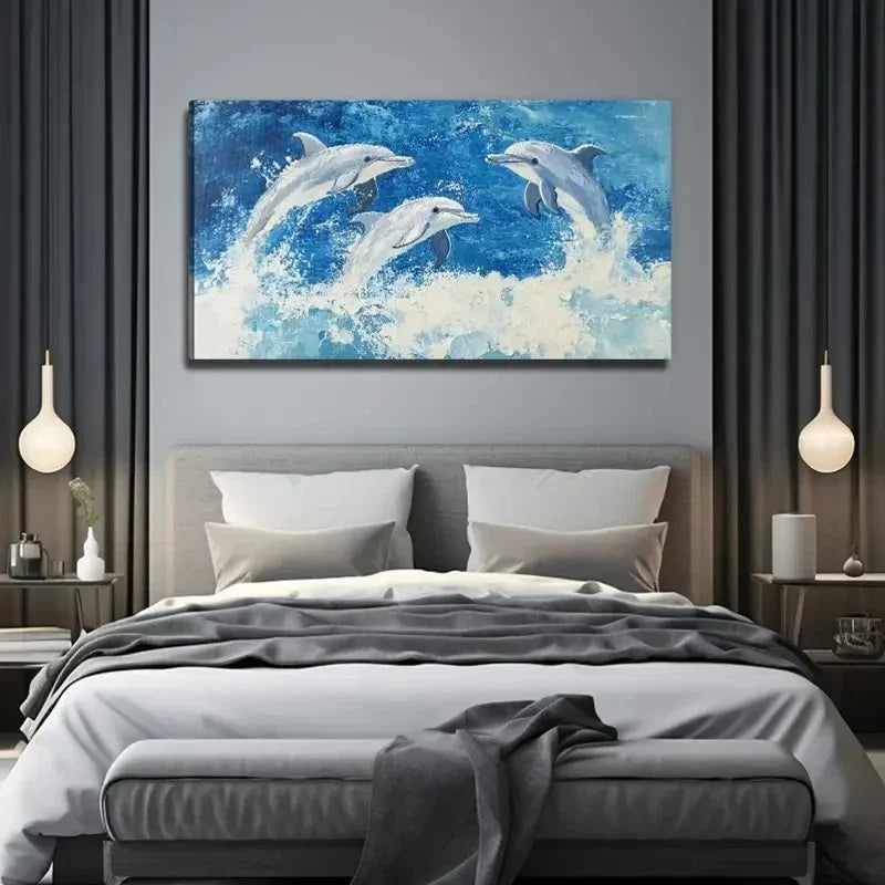 Happy Dolphin Vibrant Ocean Wall Art Canvas Office Home Room Framed 80x45cm
