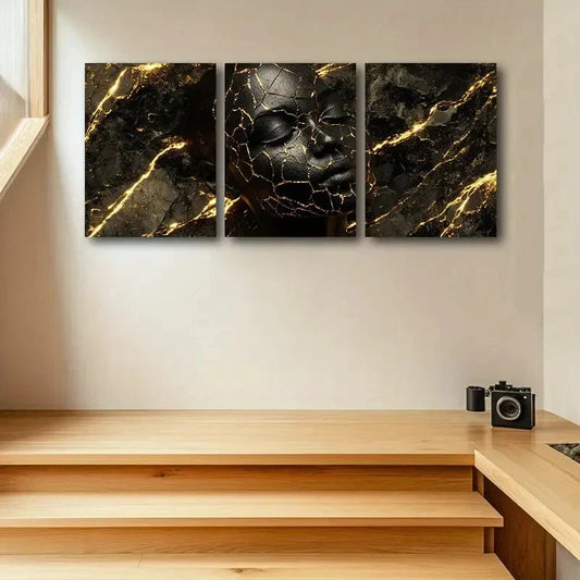 3pcs Split Face with Golden Accents Design Metal Print Ready to Hang Art