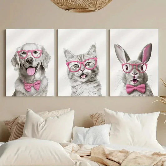 3pcs Dog Cat & Rabbit with Glasses Metal Print Ready to Hang Art
