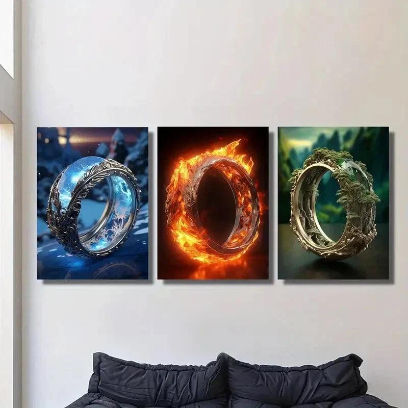 3pcs Fantasy blue ring, burning fire ring,  Metal Print Ready to Hang Art
