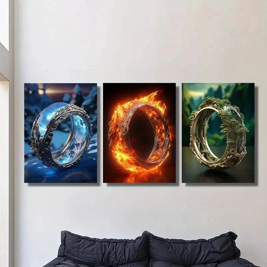 3pcs Fantasy blue ring, burning fire ring,  Metal Print Ready to Hang Art