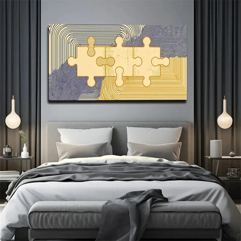 Blue & Golden Puzzle Pieces Wall Art Canvas Office Home Room Framed 80x45cm