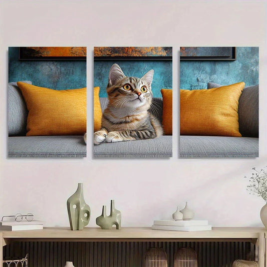 3pcs Cat Gray and White Yellow Eyes Metal Print Ready to Hang Art
