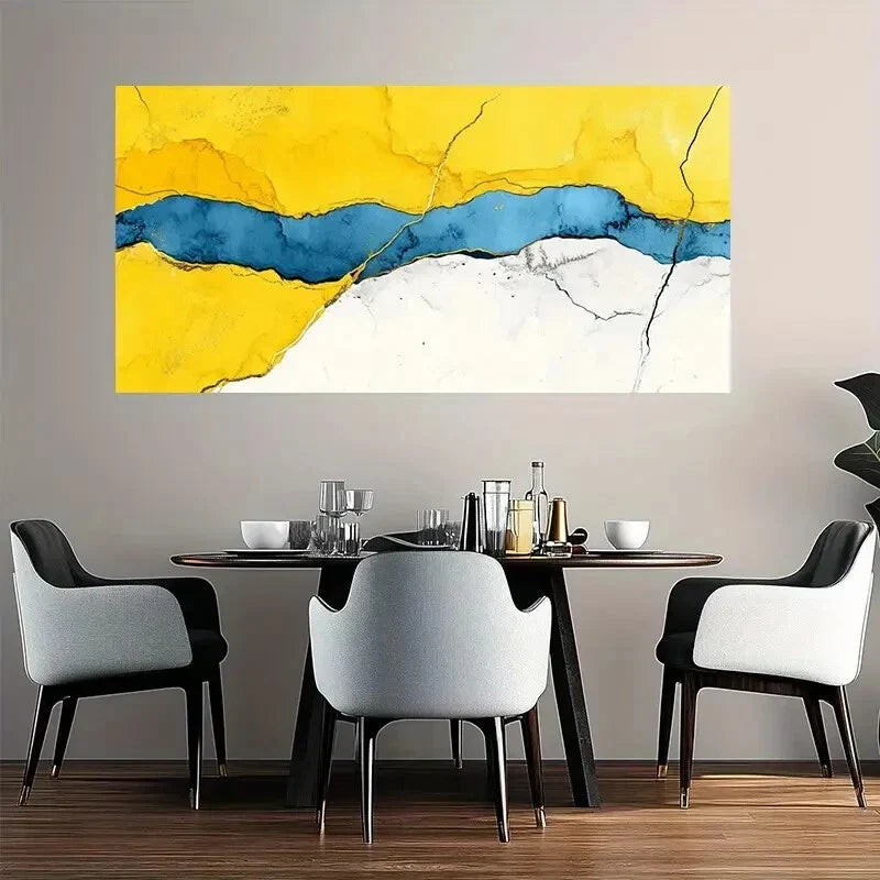 Yellow White Blue Marble Décor Wall Art Canvas Office Home Room Framed 120x60cm