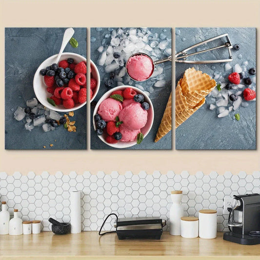 3pcs Raspberry in White Bowl Ice Corn Metal Print Ready to Hang Art