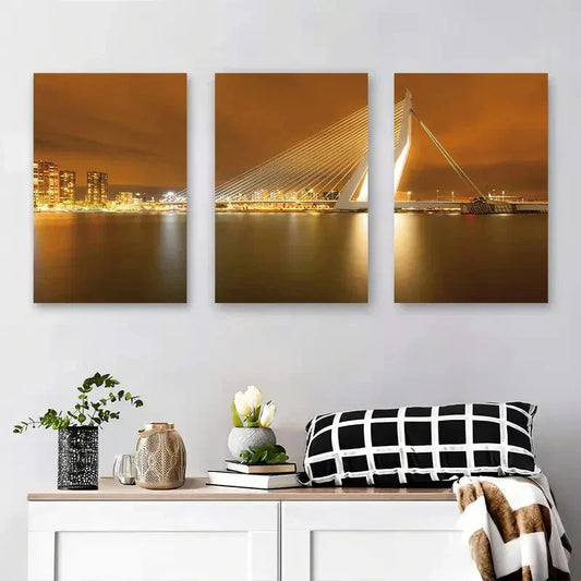 3pcs Rotterdam City Night Bridge Skyline Metal Print Ready to Hang Art