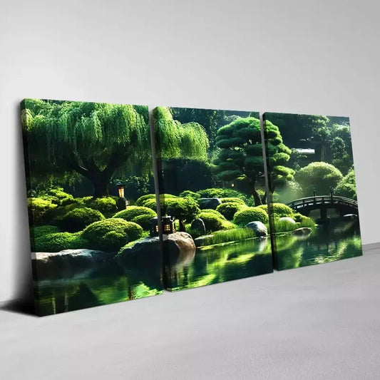3pcs Lush Green Scenery with lake & Bridge View Wall Art Set Canvas Framed 40x60cm - High Quality Print 100% Australian Made Wall Canvas Ready to Hang