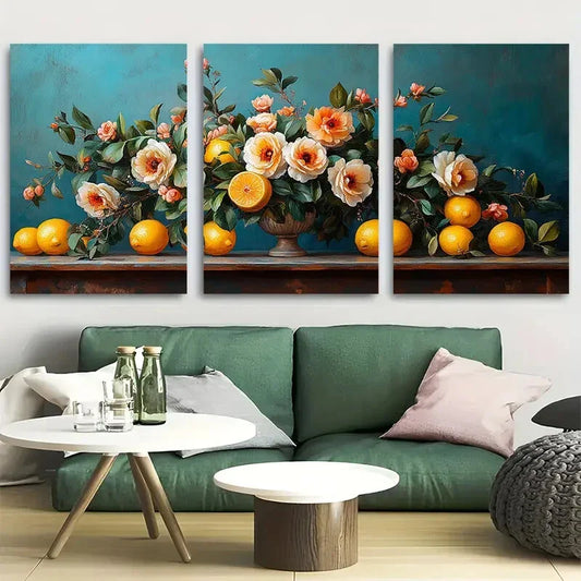 3pcs Cheerful Flower Bouquet with Lemons Design Metal Print Ready to Hang Art