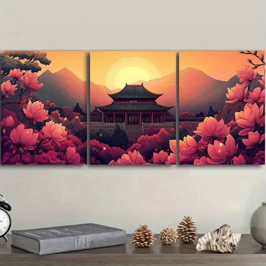 3pcs Colorful ancient Chinese buildings Metal Print Ready to Hang Art