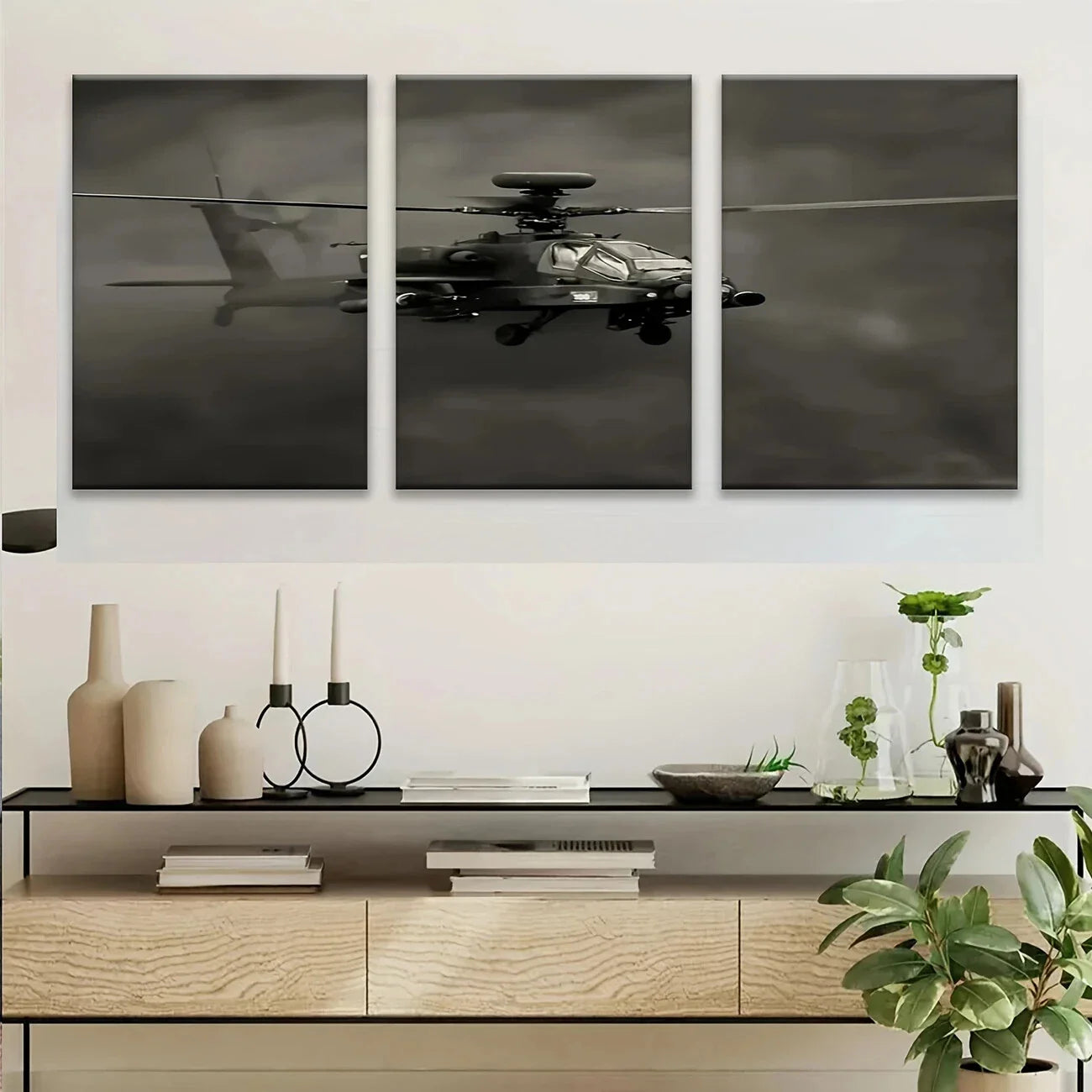 3pcs Apache Helicopter Sleek Black and Gray Metal Print Ready to Hang Art
