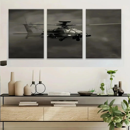 3pcs Apache Helicopter Sleek Black and Gray Metal Print Ready to Hang Art