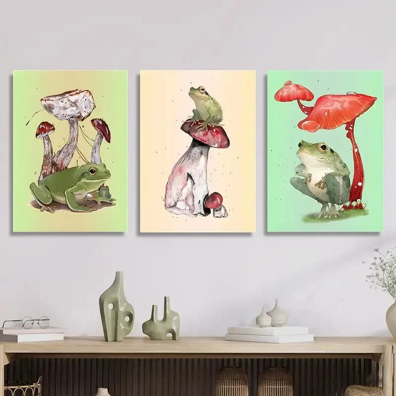 3pcs Whimsical Frog Retro Style Animal Posters  Metal Print Ready to Hang Art
