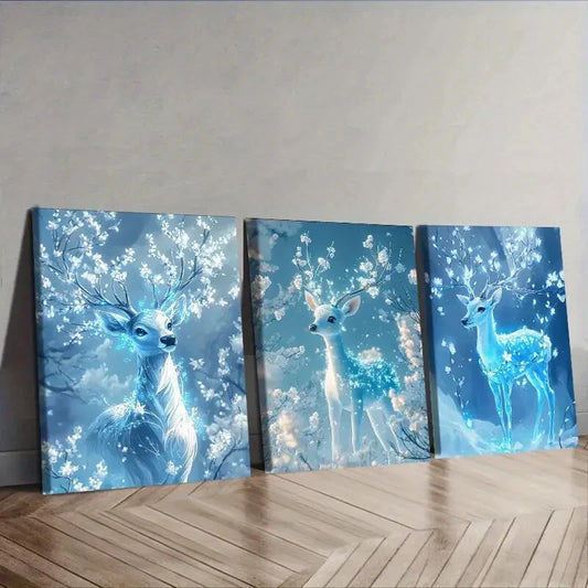 3pcs A deer with ice-blue  Wall Art Set Canvas Framed 40x60cm - High Quality Print 100% Australian Made Wall Canvas Ready to Hang