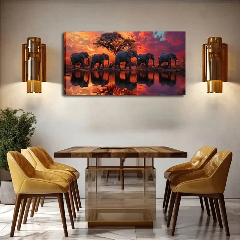 Elephants Sunset Grassland Wall Art Canvas Office Home Room Framed 120x60cm