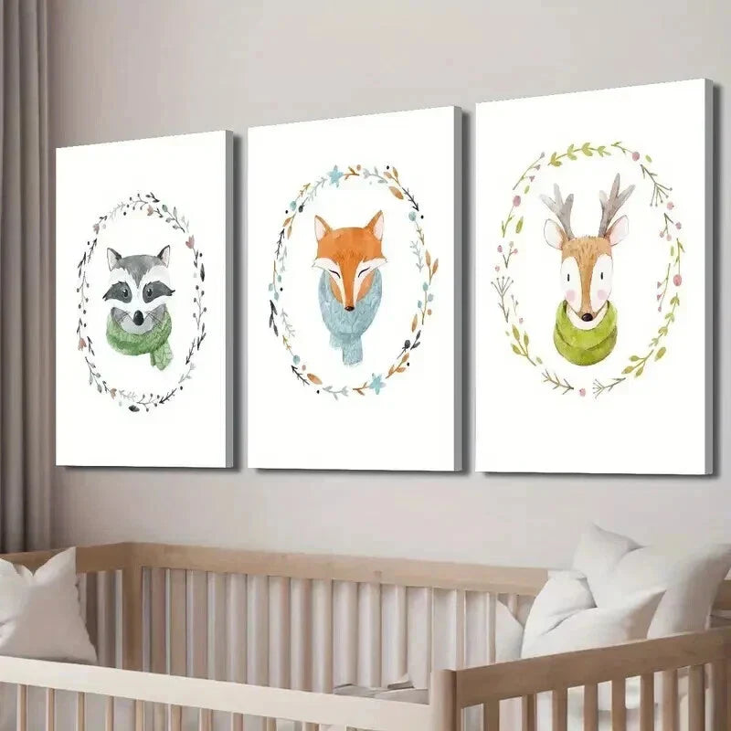 3pcs Cartoon Flower Crown Fox Deer Raccoon Wall Art Set Canvas Framed 40x60cm - High Quality Print 100% Australian Made Wall Canvas Ready to Hang