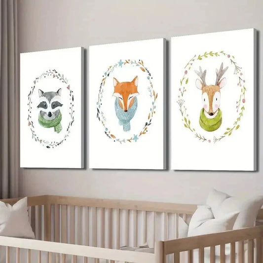 3pcs Cartoon Flower Crown Fox Deer Raccoon Wall Art Set Canvas Framed 40x60cm - High Quality Print 100% Australian Made Wall Canvas Ready to Hang