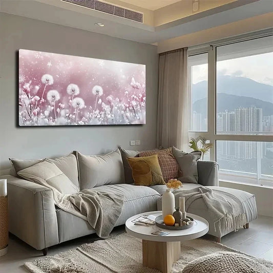 Pink & White Dandelions Wall Art canvas office home room framed 120x60cm