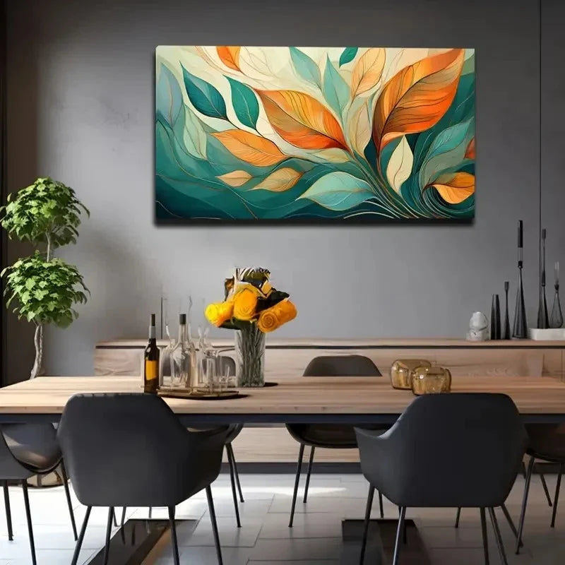 Vibrant Abstract Leaf Design Wall Art Canvas Office Home Room Framed 80x45cm