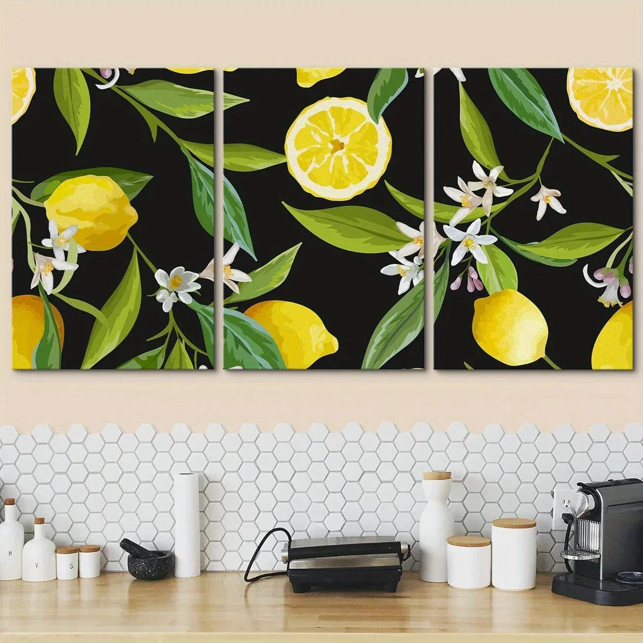 3pcs Lemon Fruits Floral Pattern Metal Print Ready to Hang Art