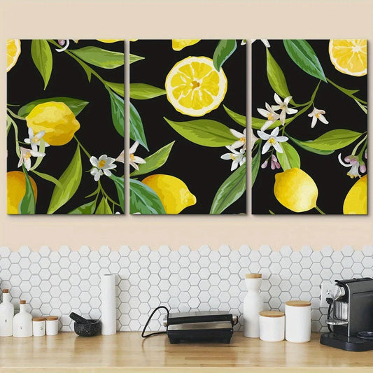 3pcs Lemon Fruits Floral Pattern Metal Print Ready to Hang Art